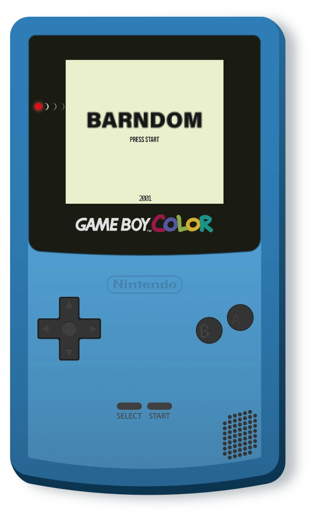 An illustration of a blue Gameboy Color, it features the words "barndom" on the screen