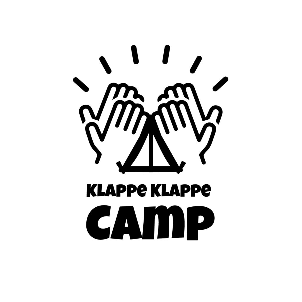 The logo for the Klappe Klappe Camp at Roskilde Festival, the logo depicts two sets of hands clapping and in the area below their hands a tent can be seen.