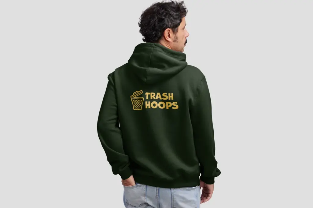 The Trash Hoops Logo on a green hoodie